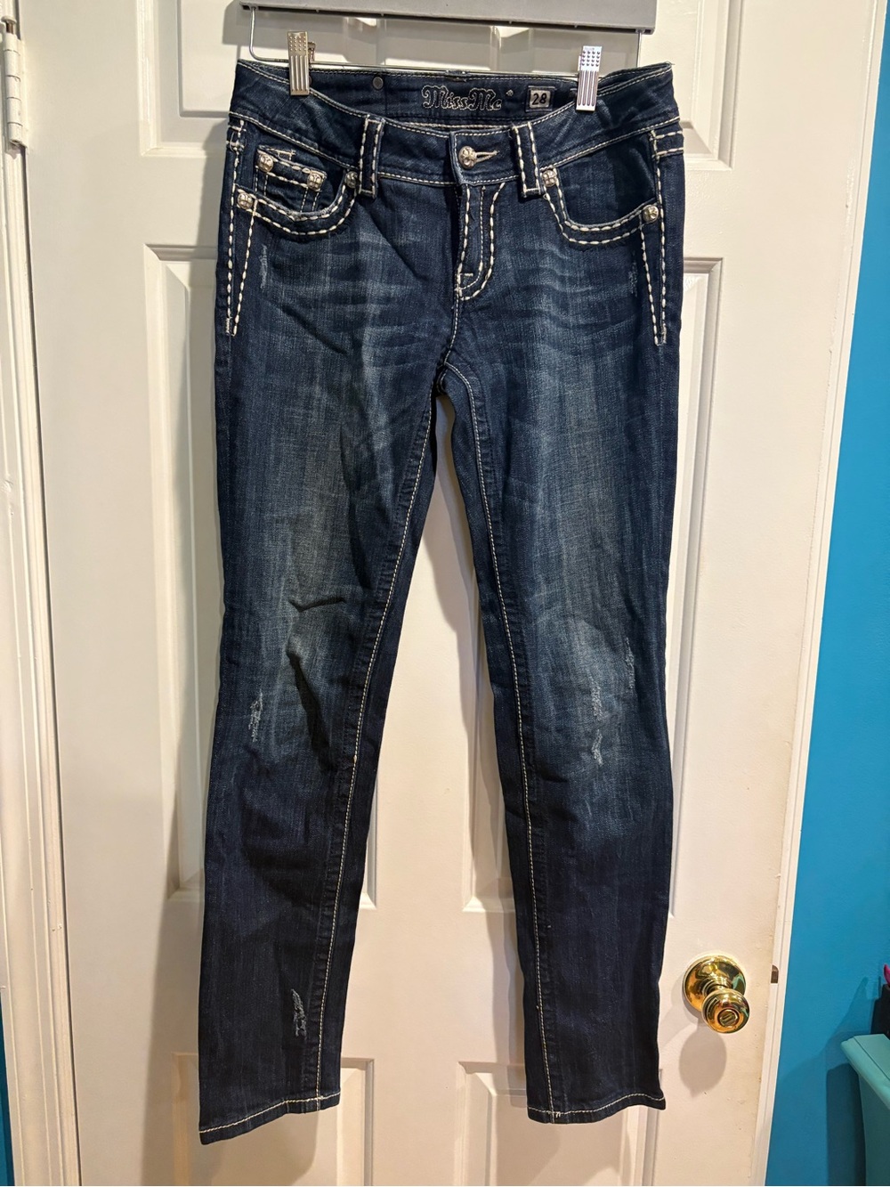 Miss Me skinny dark blue jeans distressed sz 28 Y2K